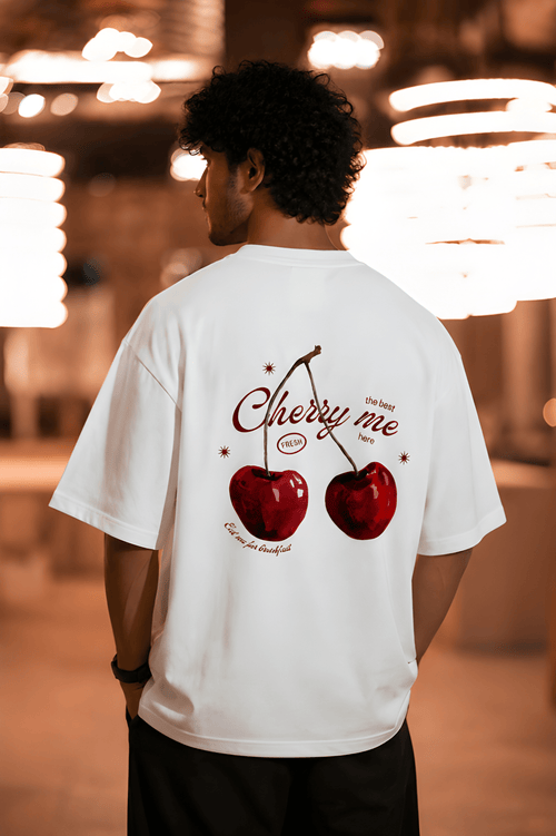 Antim Cherry Me Oversized White T-Shirt Cherry Back Graphic Print Drop Shoulder Male Model Night Streetwear India
