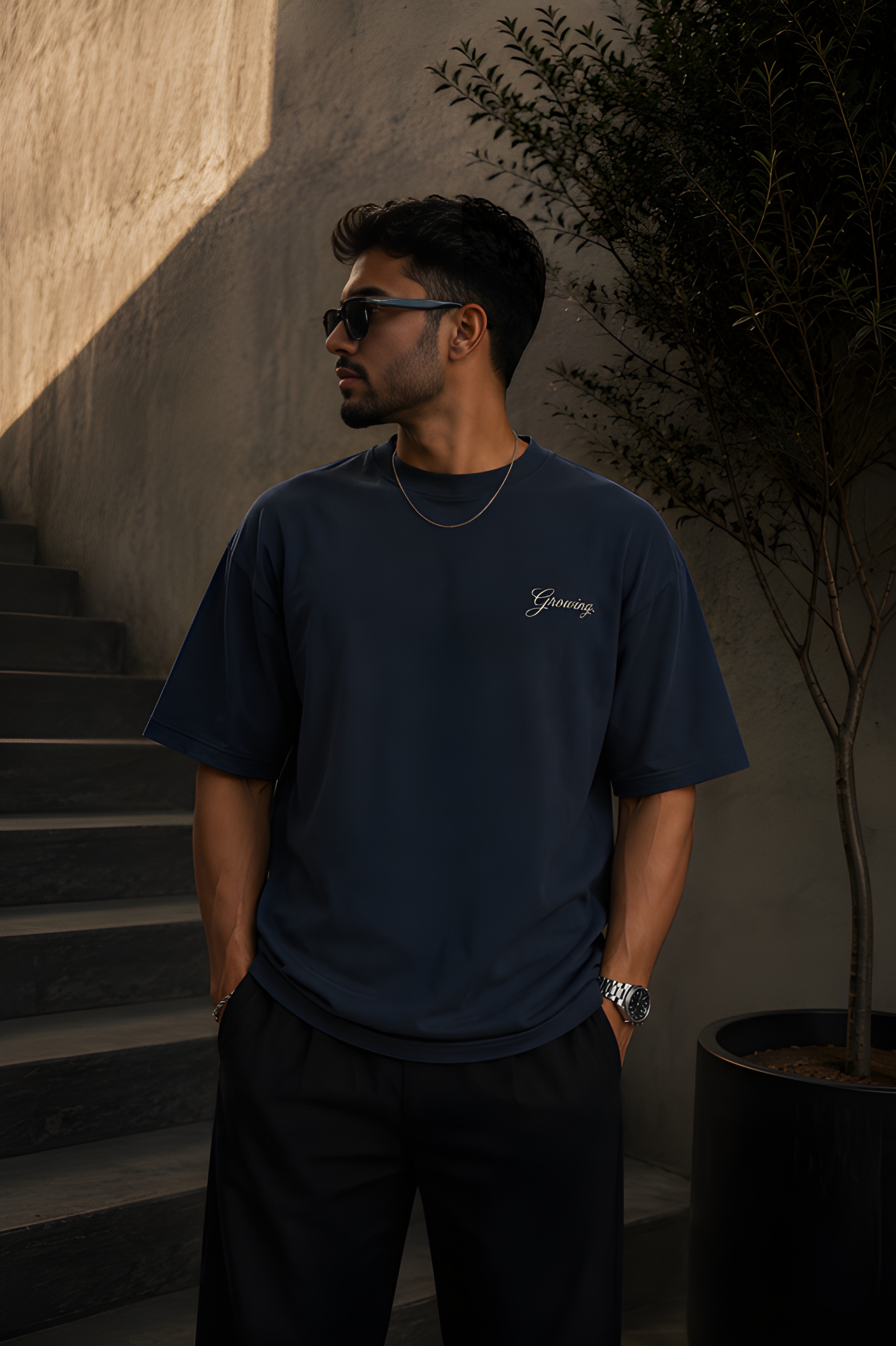 Antim Comfort Zones Are Overrated Oversized Navy Blue T-Shirt Front Growing Chest Script Male Model Outdoor Streetwear India