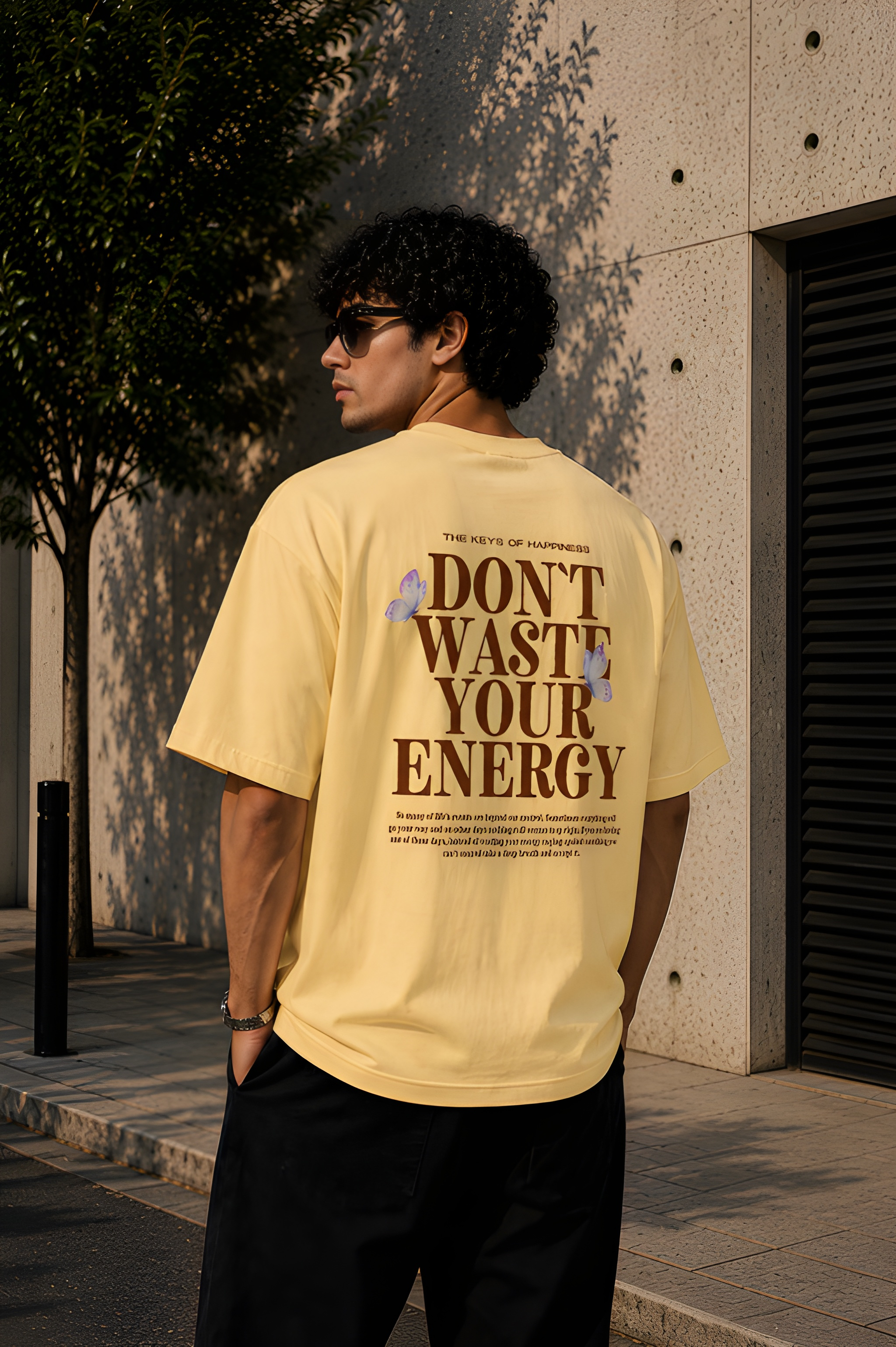 Antim Dont Waste Your Energy Oversized Yellow T-Shirt Back Typography Print Butterfly Drop Shoulder Male Model Outdoor Streetwear India