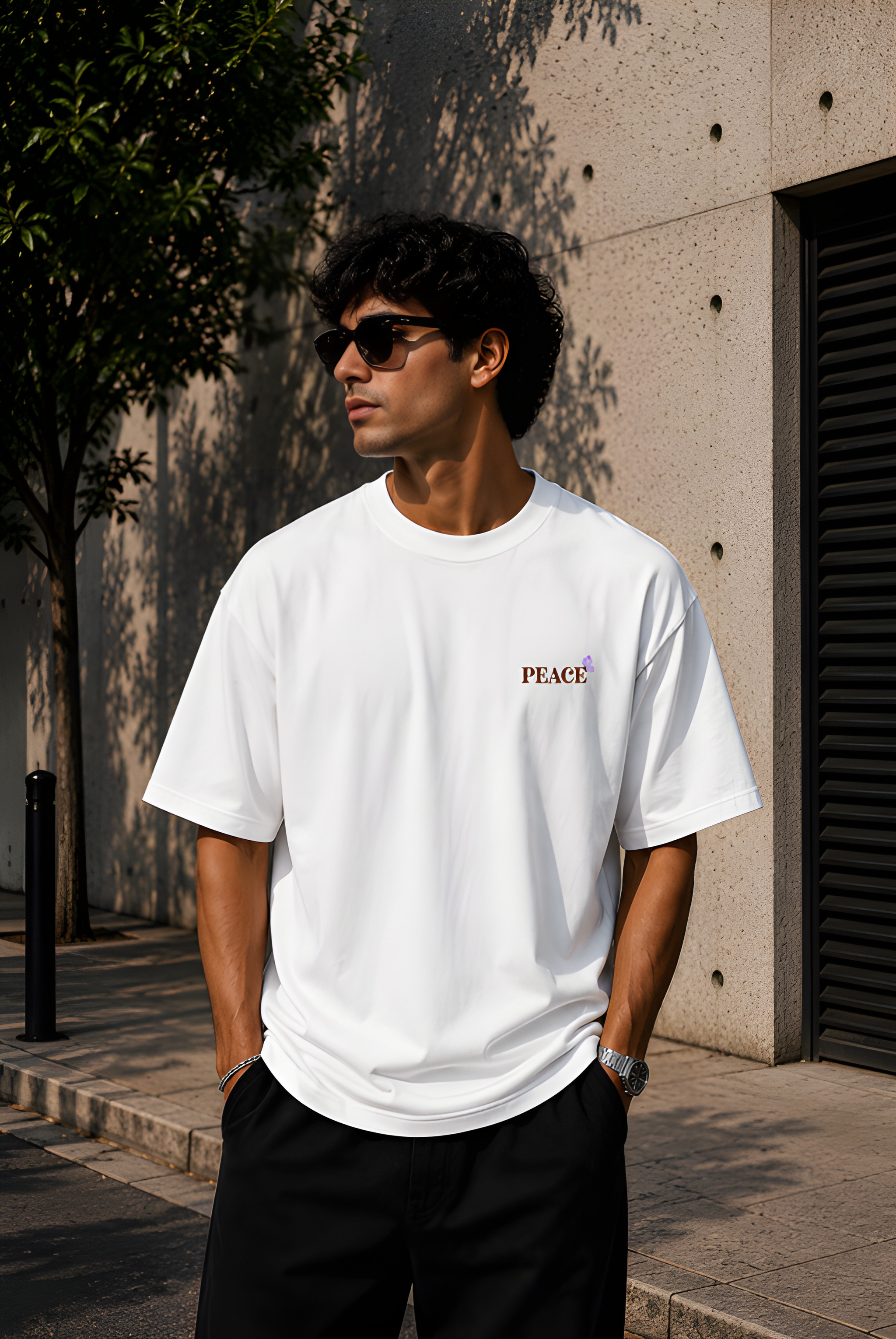Antim Dont Waste Your Energy Oversized White T-Shirt Front View Male Model Sunglasses Outdoor Streetwear India