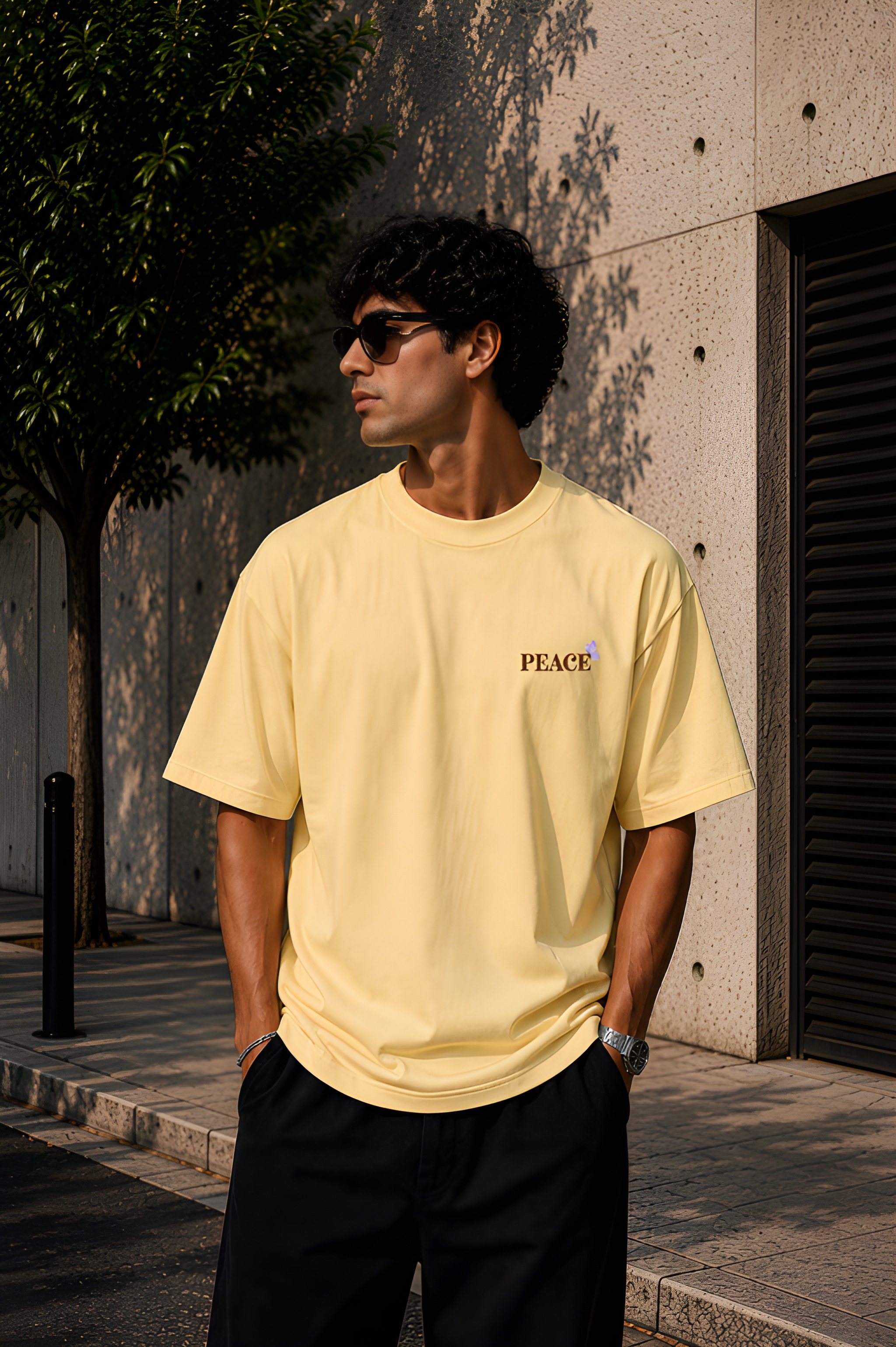 Antim Dont Waste Your Energy Oversized Yellow T-Shirt Front View Male Model Sunglasses Outdoor Streetwear India