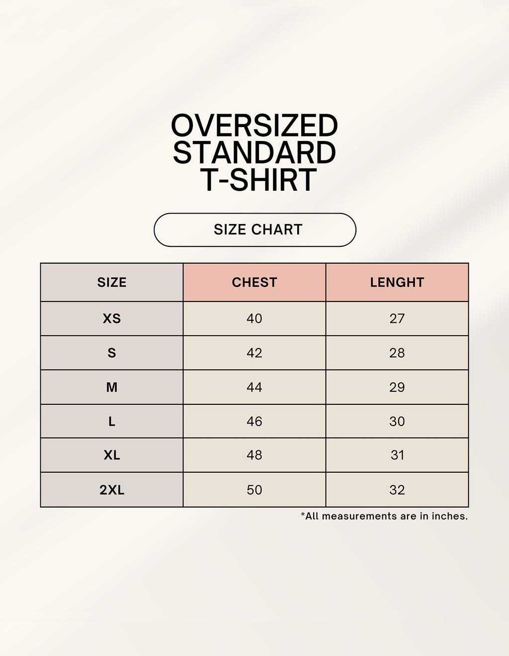 Antim Dont Waste Your Energy Oversized T-Shirt Size Chart XS S M L XL 2XL Chest Length Measurement Guide India Inches