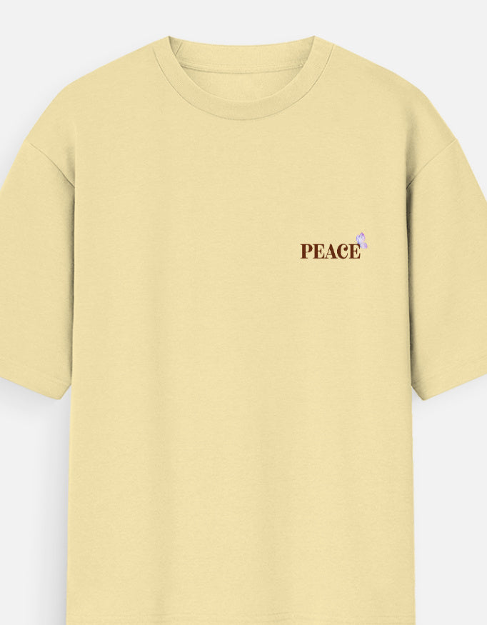 Antim Dont Waste Your Energy PEACE Chest Text Oversized Yellow T-Shirt Front Flat Lay Minimal Streetwear India