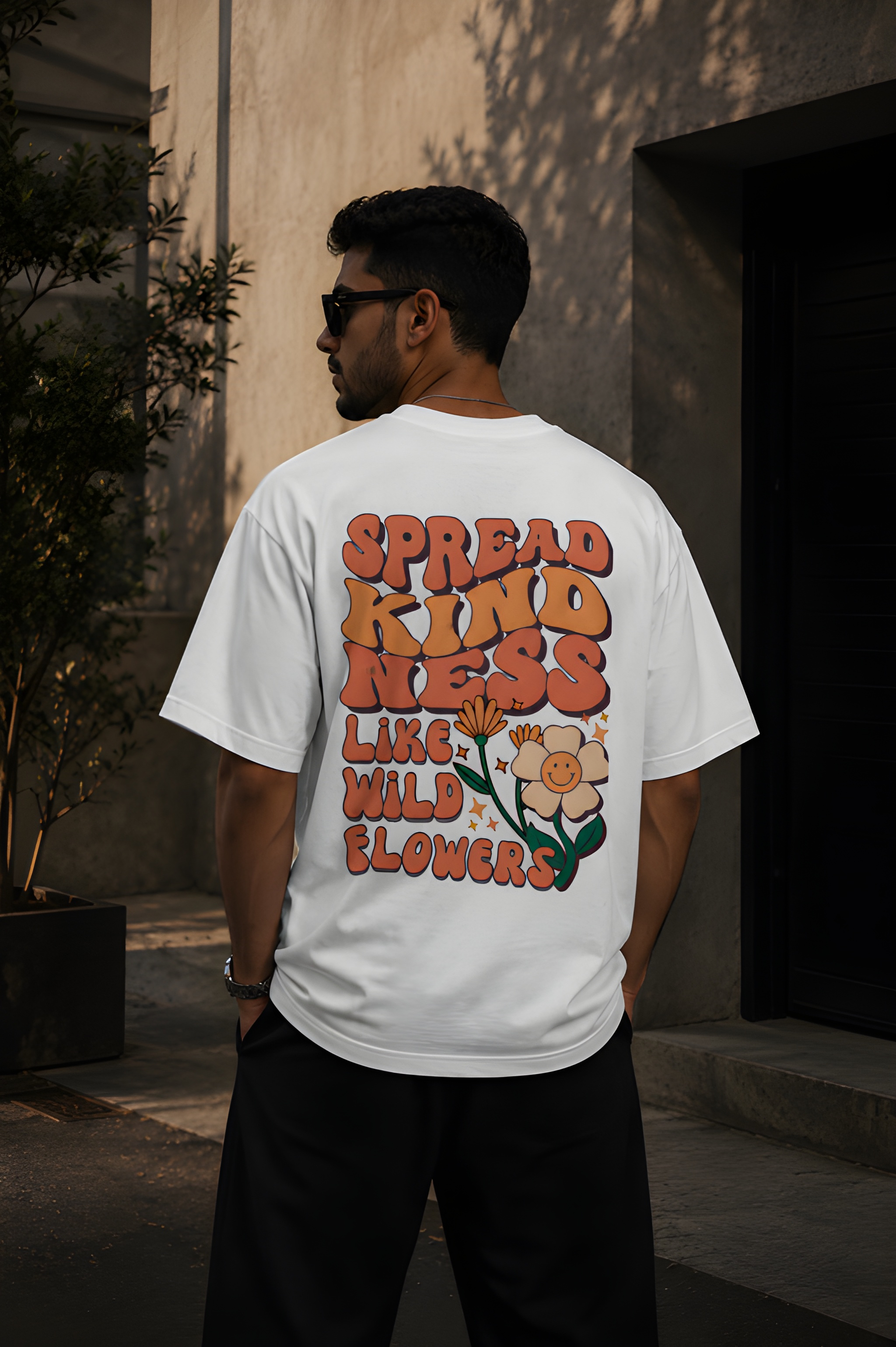 Antim Spread Kindness Like Wildflowers Oversized White T-Shirt Bold Retro Floral Back Print Drop Shoulder Male Model Outdoor Streetwear India
