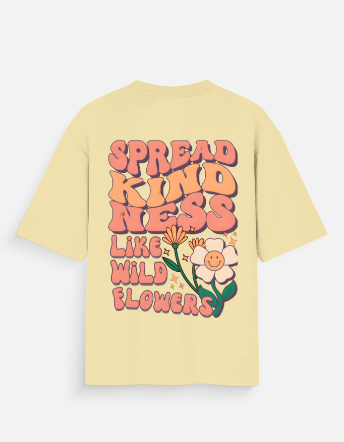 Antim Spread Kindness Like Wildflowers Oversized Beige T-Shirt Retro Floral Typography Back Print Flat Lay Streetwear India