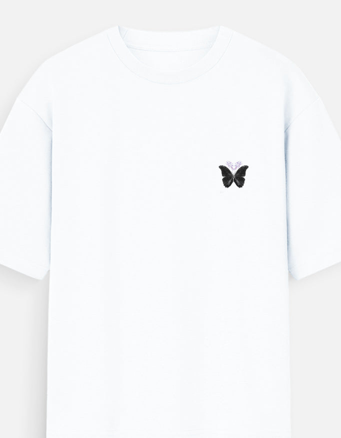 Antim Spread Kindness Like Wildflowers Oversized White T-Shirt Butterfly Chest Detail Front Flat Lay Minimal Streetwear India