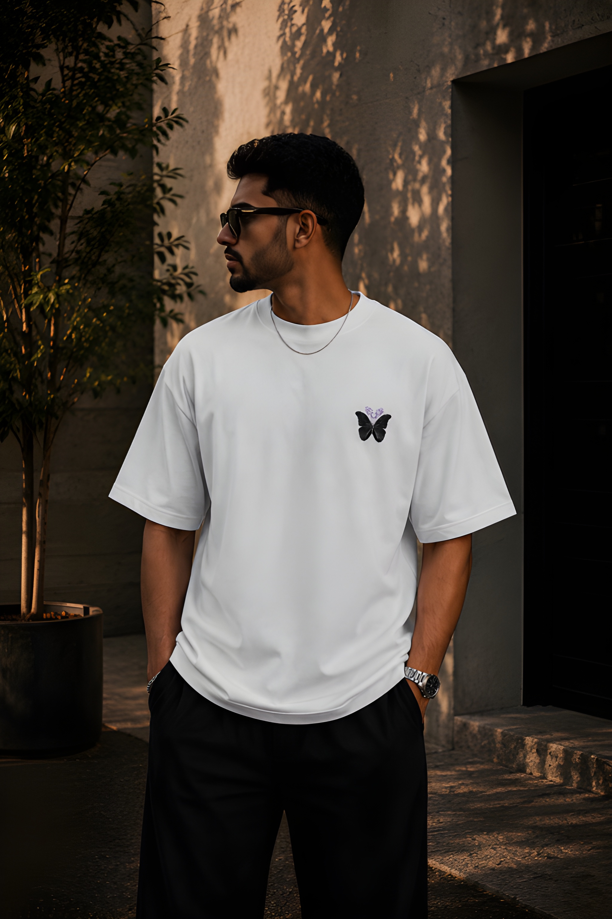 Antim Spread Kindness Like Wildflowers Oversized White T-Shirt Front Butterfly Chest Detail Male Model Outdoor Streetwear India