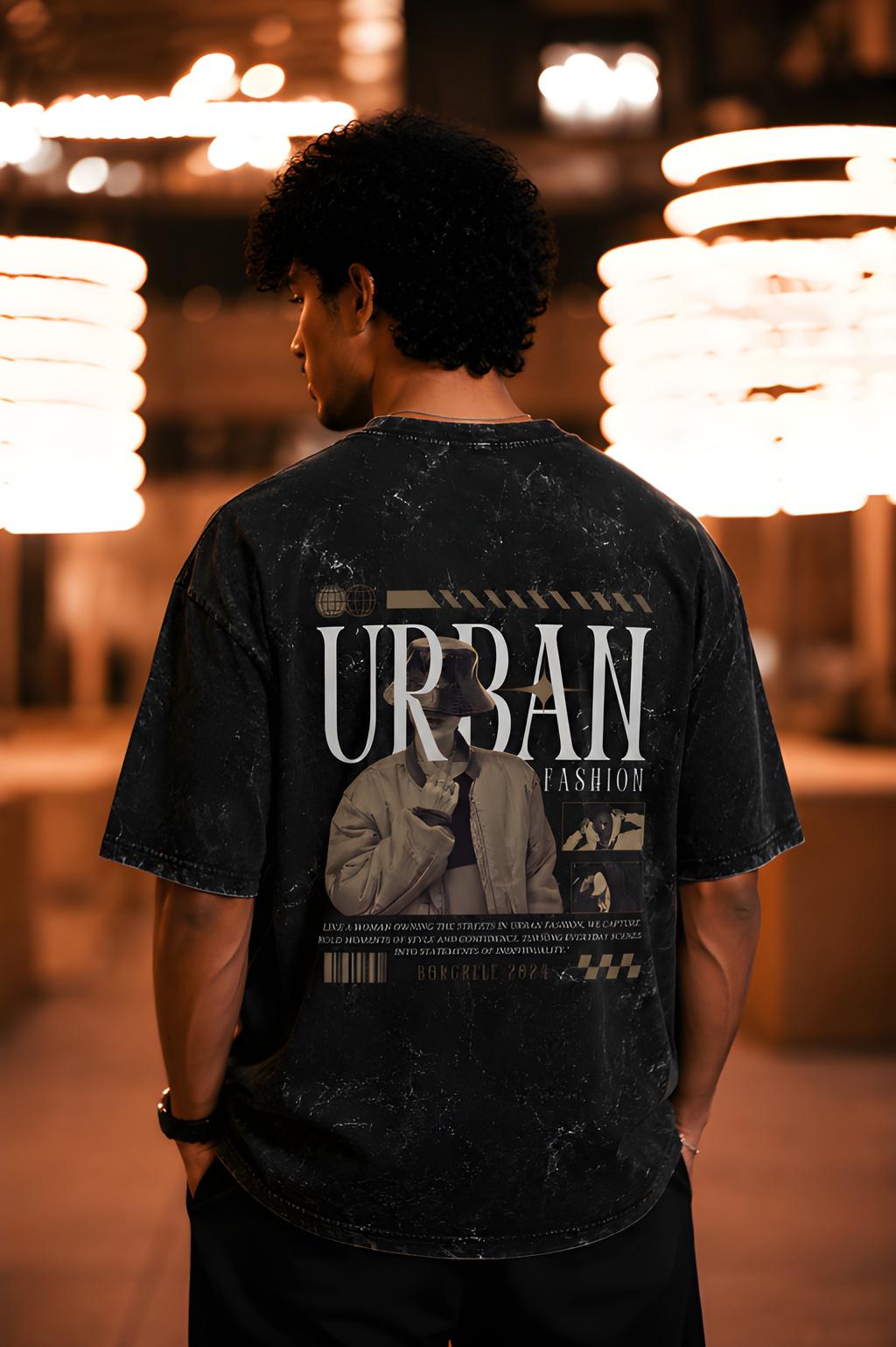 Antim Urban Fashion Oversized Black Acid Wash T-Shirt Back Graphic Print Drop Shoulder Male Model Night Streetwear India