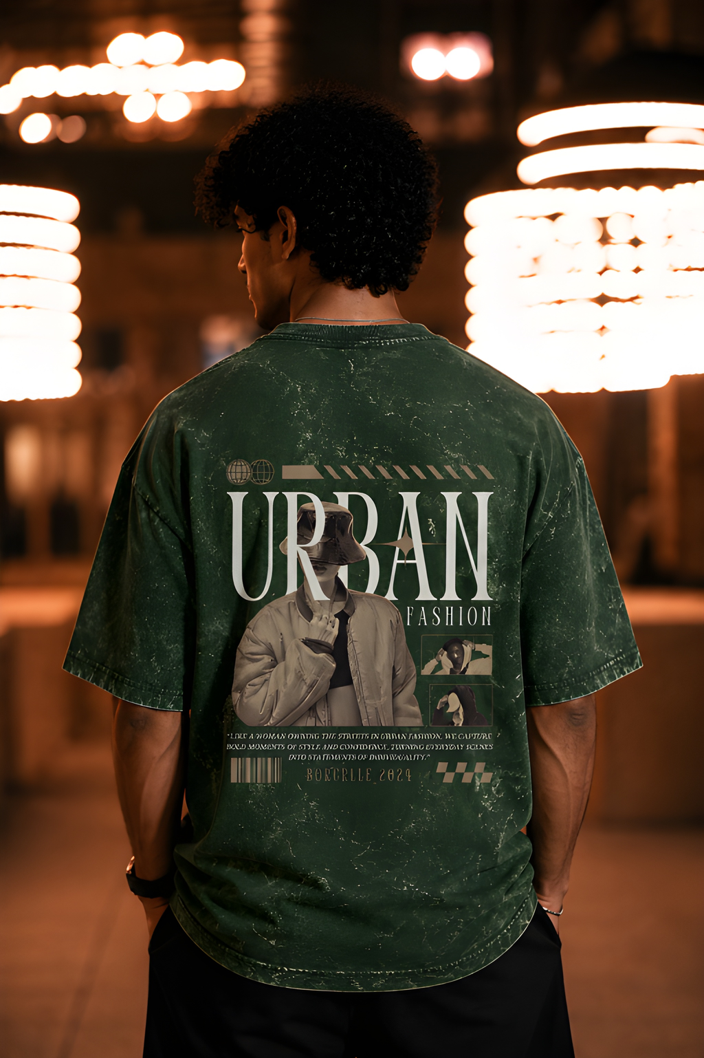 Antim Urban Fashion Oversized Green Acid Wash T-Shirt Back Graphic Print Drop Shoulder Male Model Night Streetwear India