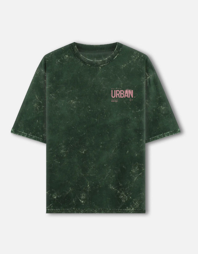 Antim Urban Fashion Chest Text Oversized Green Acid Wash T-Shirt Front Flat Lay Minimal Streetwear India