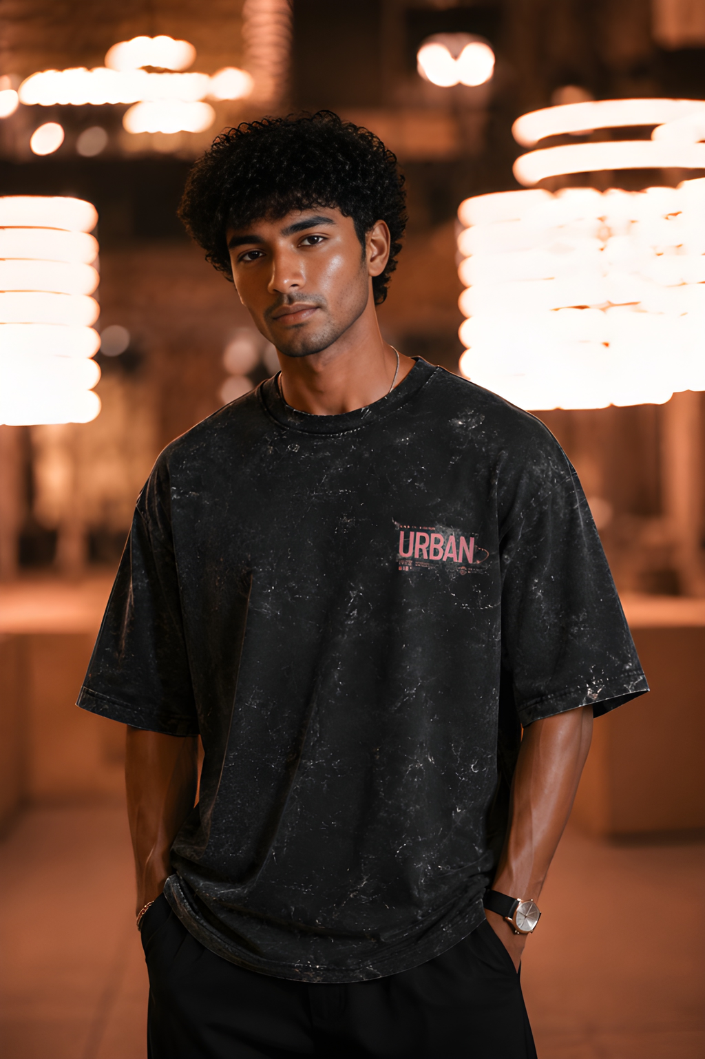 Antim Urban Fashion Oversized Black Acid Wash T-Shirt Front View Male Model Night Outdoor Streetwear India