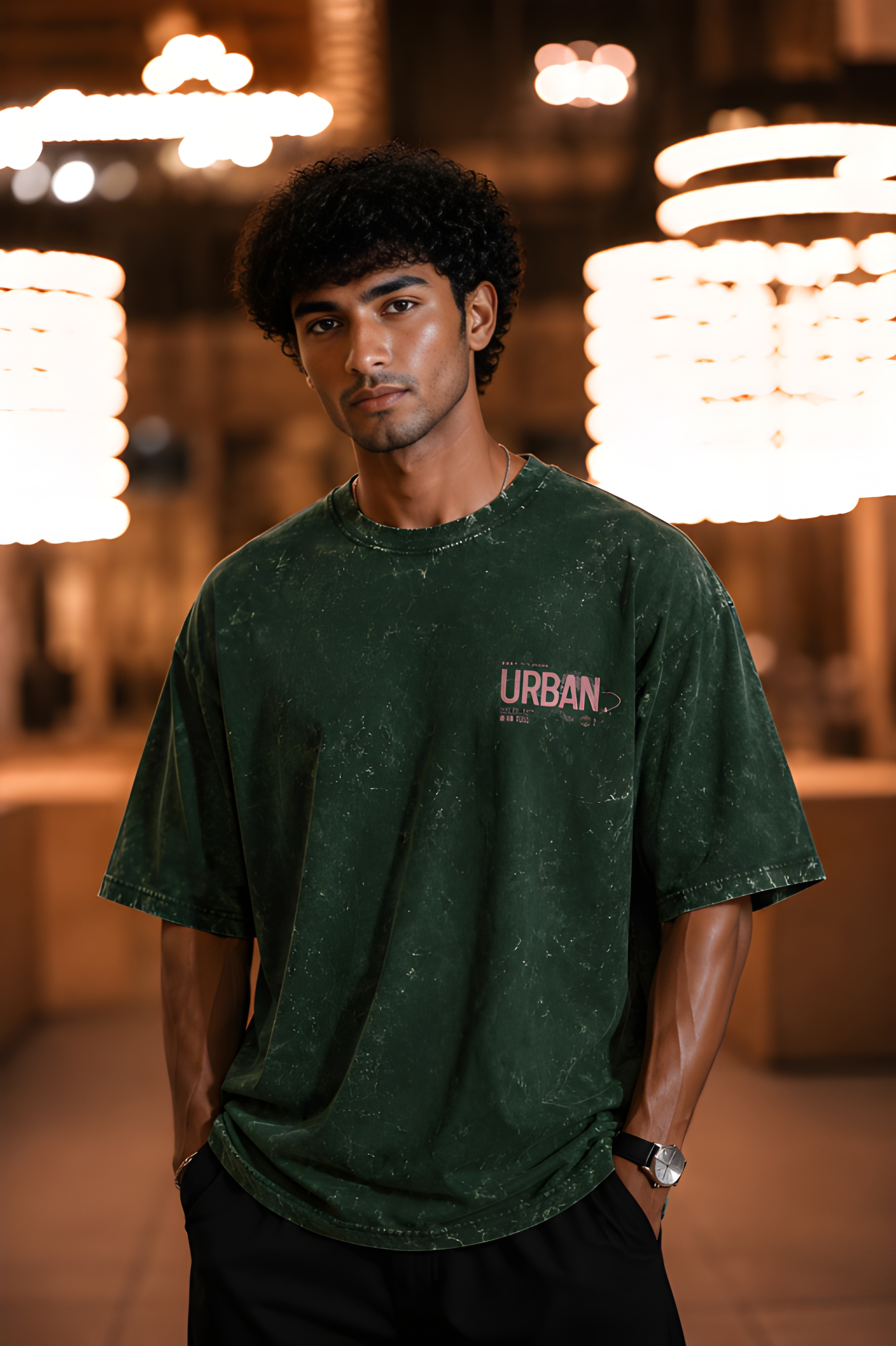 Antim Urban Fashion Oversized Green Acid Wash T-Shirt Front View Male Model Night Outdoor Streetwear India