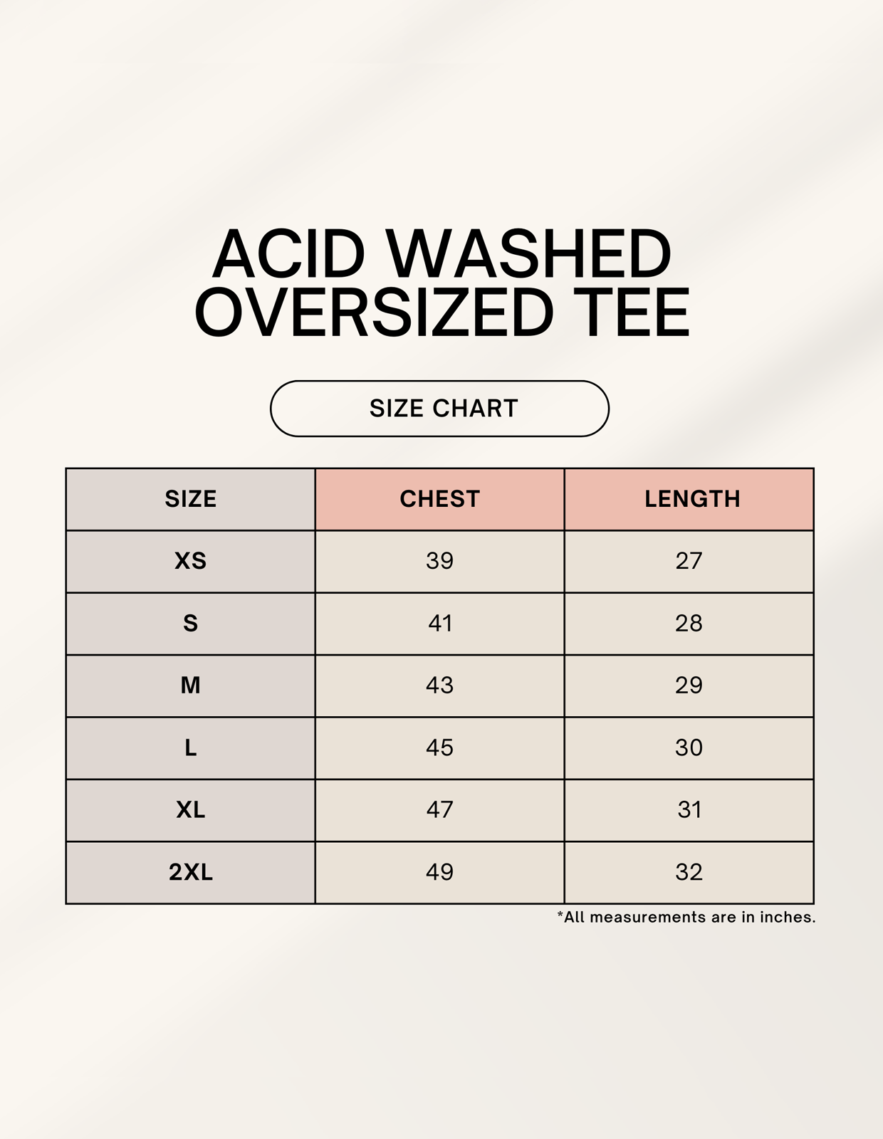 Antim Urban Fashion Oversized T-Shirt Size Chart XS S M L XL 2XL Chest Length Measurement Guide India Inches