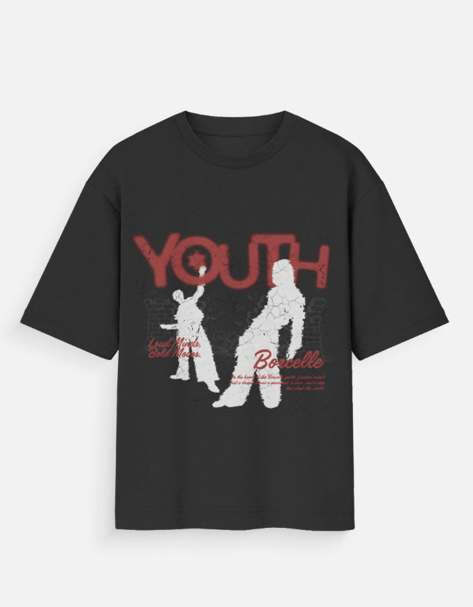 Antim Youth Oversized Black T-Shirt Bold YOUTH Typography Silhouette Front Graphic Print Flat Lay Streetwear India